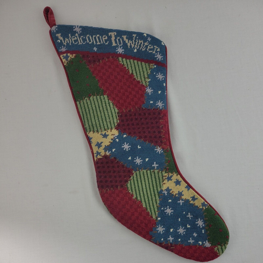 Needlepoint XMAS Stocking Welcome Winter Grandma Core Sampler Patchwork 22" Wool