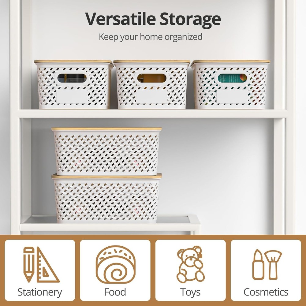 6 Pack Plastic Storage Bins W/ Bamboo Lids Stackable Small Box Baskets Container