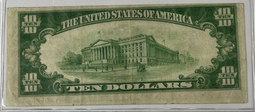 Error 1934 $10 FRN rev. has tilted printing (#2409) nice VF