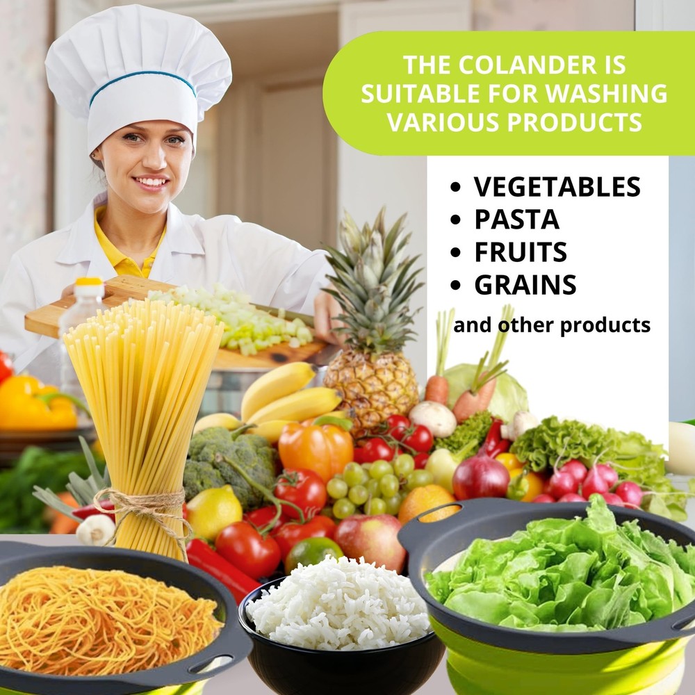 3PCS Green Foldable Kitchen Strainer Set – Silicone Colander Collapsible Stra...