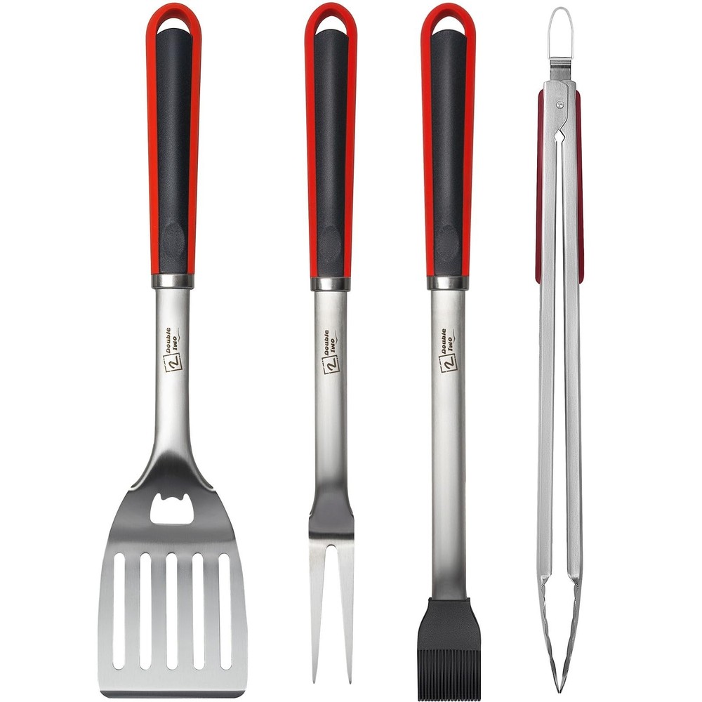 Double Two 4-Piece Stainless Steel BBQ Tool Set - Tong, Fork, Spatula, Brush ...