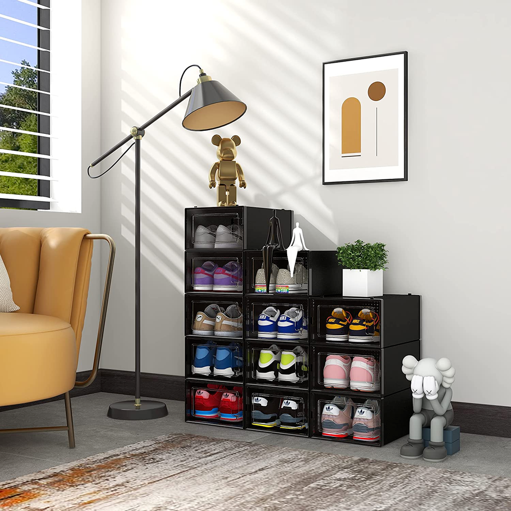 12 Pack Shoe Organizer Boxes, Black Plastic Stackable Shoe Storage Bins