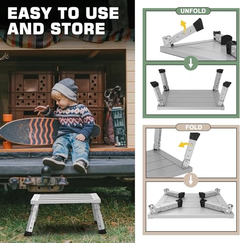 Adjustable Height Aluminum RV Step, Stable Foldable Platform Step Stool, Silver