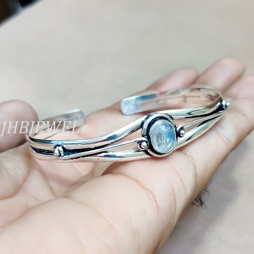 Moonstone Rainbow Gemstone 925 Sterling Silver Cuff Bangle Gift For Husband