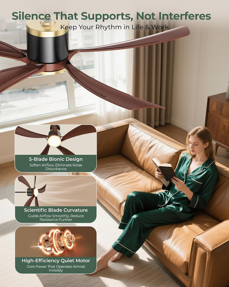 52" Walnut Ceiling Fan with Light, Remote, 6 Speeds, Energy Efficient