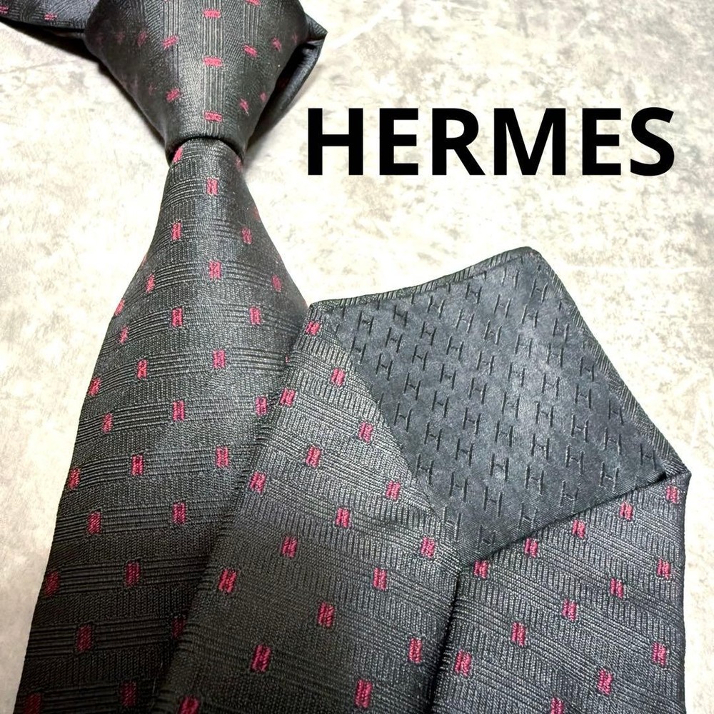 HERMES Tie Black Fasone H Pattern