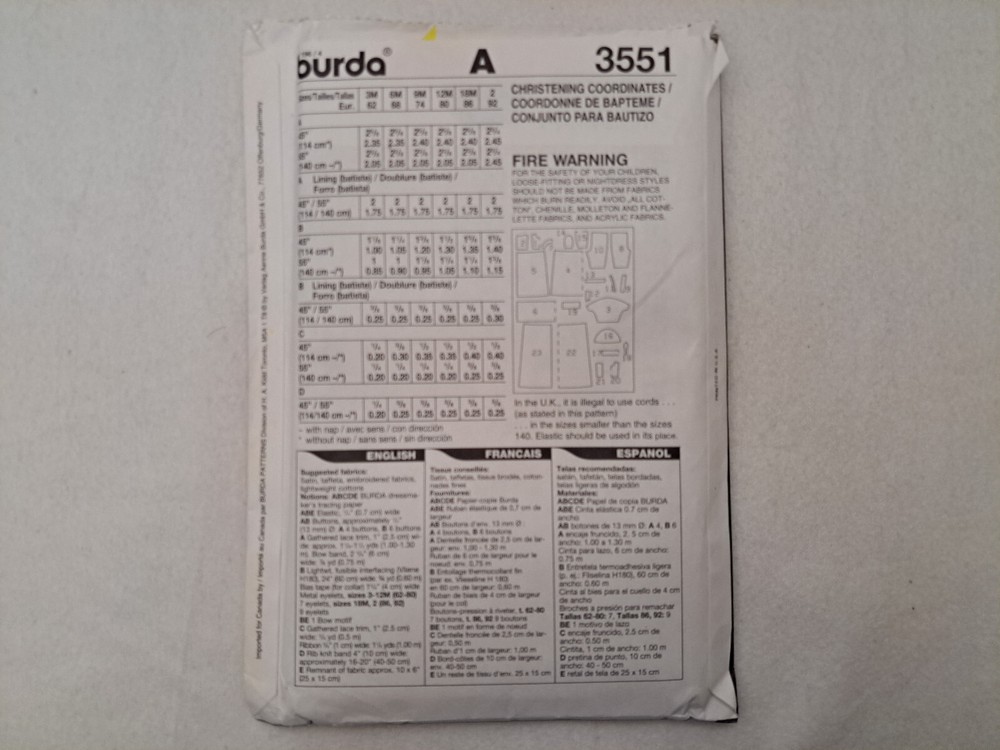 Burda Pattern - Christening Coordinates (3Mo-2Yr) #3351 - Uncut