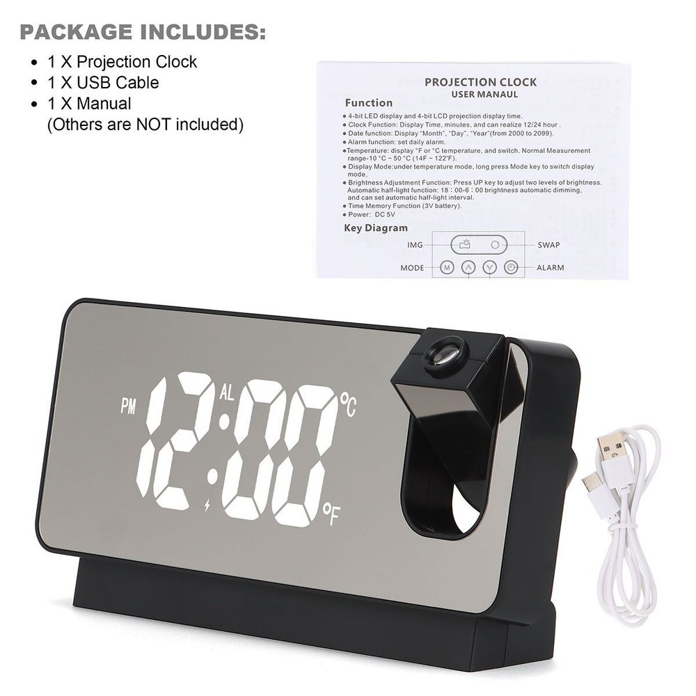 LED Digital Projector Projection Snooze Dual Alarm Clock Timer USB Temperature