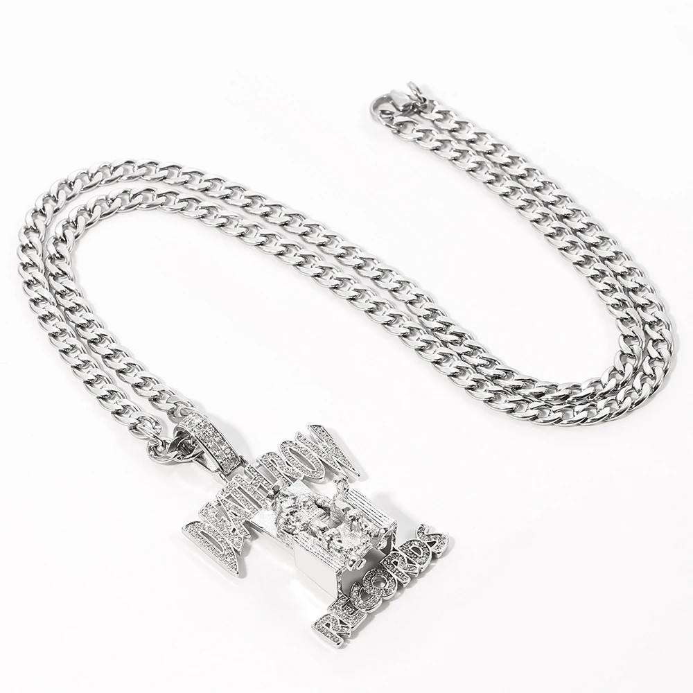 Death Row Records Iced Out Hip Hop Pendant Cuban Link Chain 2Pac Gold Silver