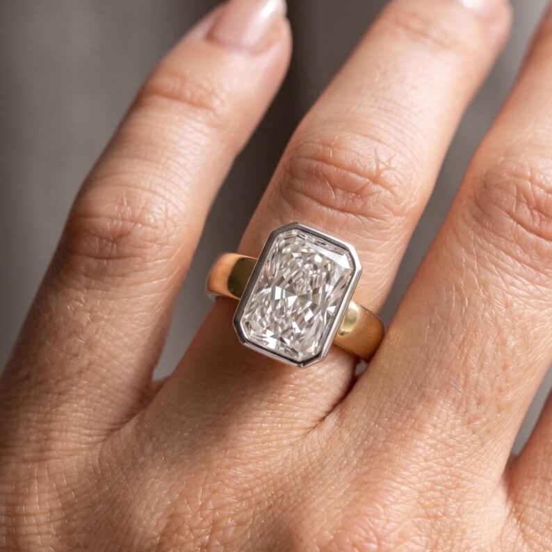 Radiant Cut Solitaire Engagement Ring Bezel Set Bold Statement Wide Band Ring