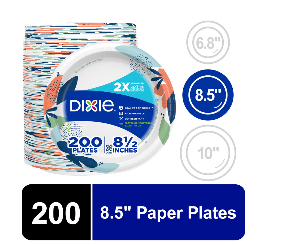 Dixie Disposable Paper Plates, 8.5", Multi-Color, 200 Count