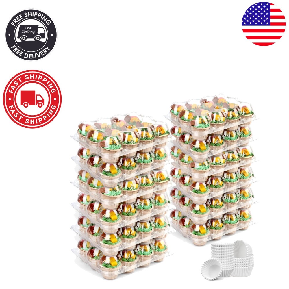 Durable Plastic Cupcake Boxes - 12 Count With Tall Dome Lid & Liners Included