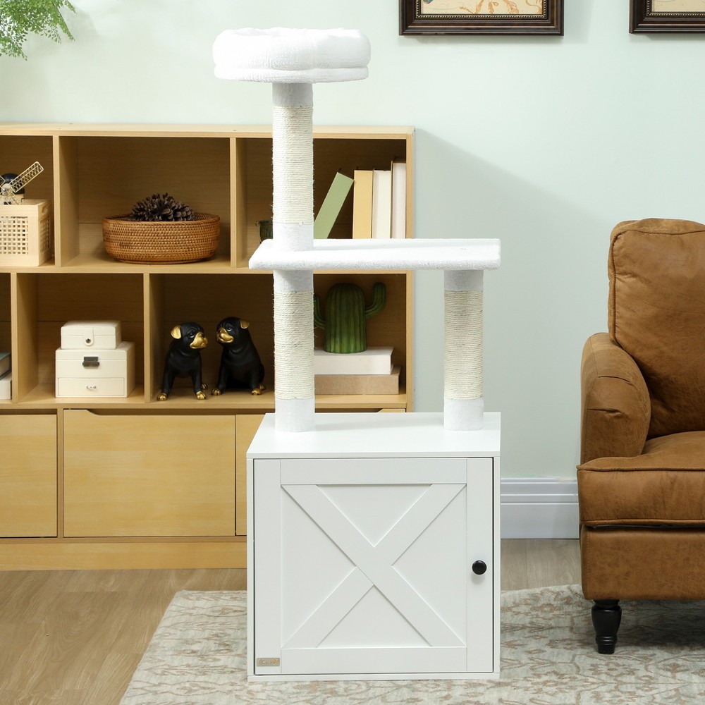Cat Tree with Litter Box Enclosure, Scratching Posts, Bed, Climbing Platforms