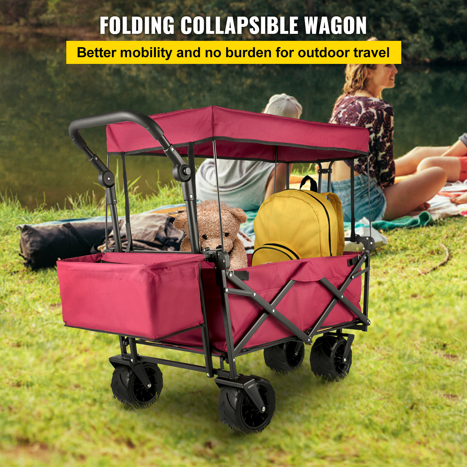 VEVOR Folding Wagon Cart Collapsible Garden Cart w/Canopy 220lbs Capacity Beach