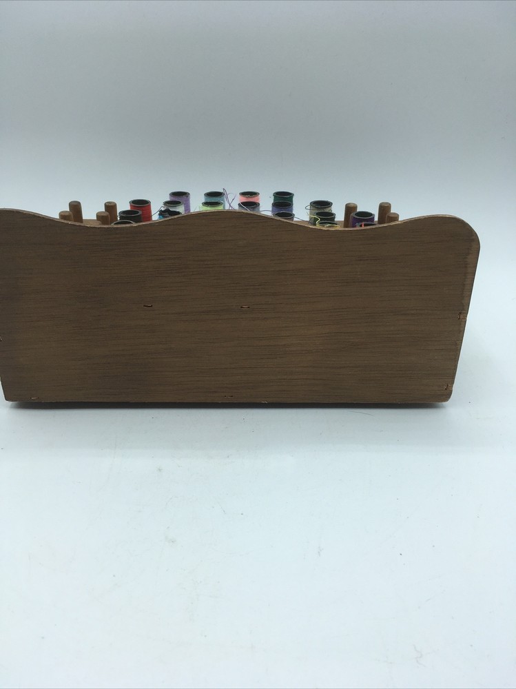 vtg wood thread bobbin organizer sewing kit storage