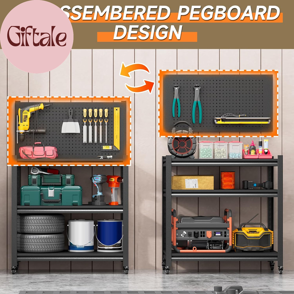 Workbench with Pegboard, Adjustable Heavy Duty Work Table with Wheels, Heavy Dut