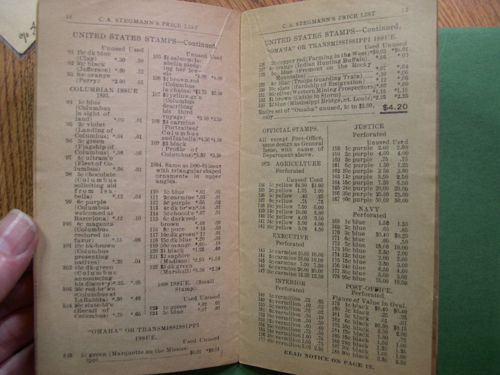 1899 STEGMANN Stamp/album price list. ($5 columbian for $5.50 !)