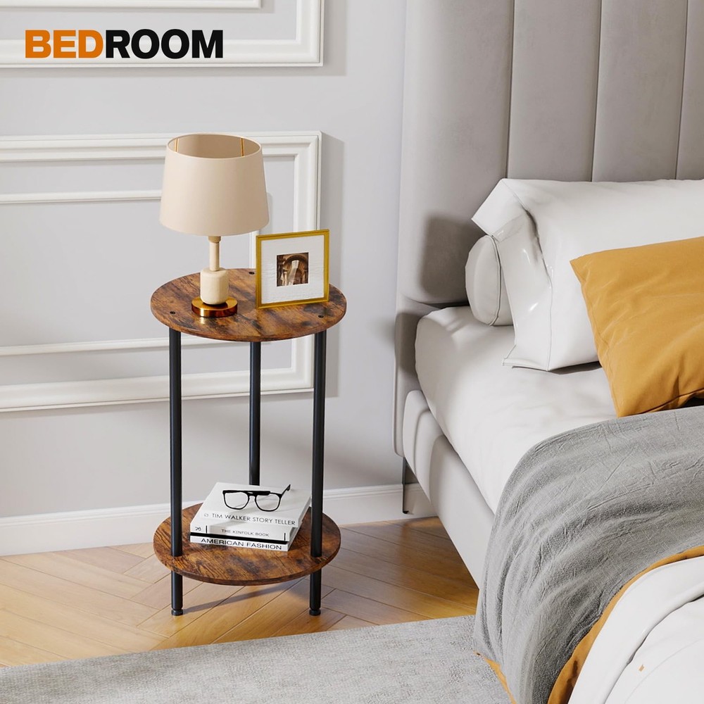 Small Round Side Table Brown Round End Table 2-Tier Modern Bedside Table