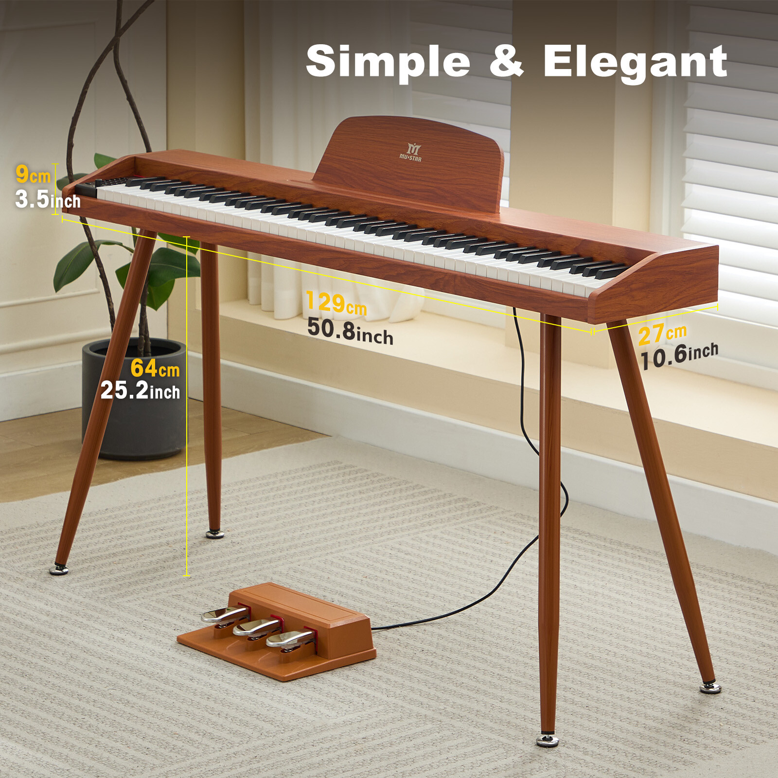 MUSTAR 88-Key Semi-Weighted Digital Piano with USB MIDI, Brown