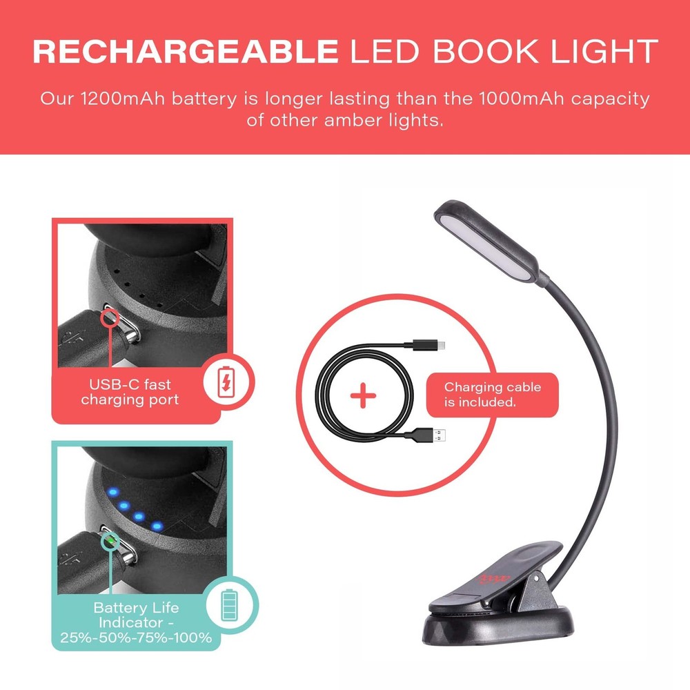 Amber Book Light – Blue Light Blocking Reading Light for Bed, Stepless Dimmin...