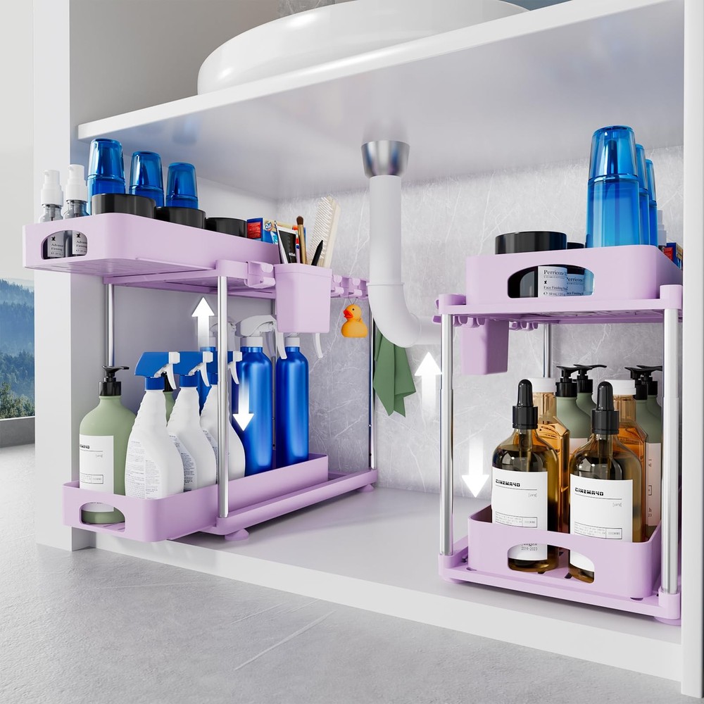 Under Sink Organizer - 2 Pack Adjustable Height, 2 Tier Organizers for Bathro...