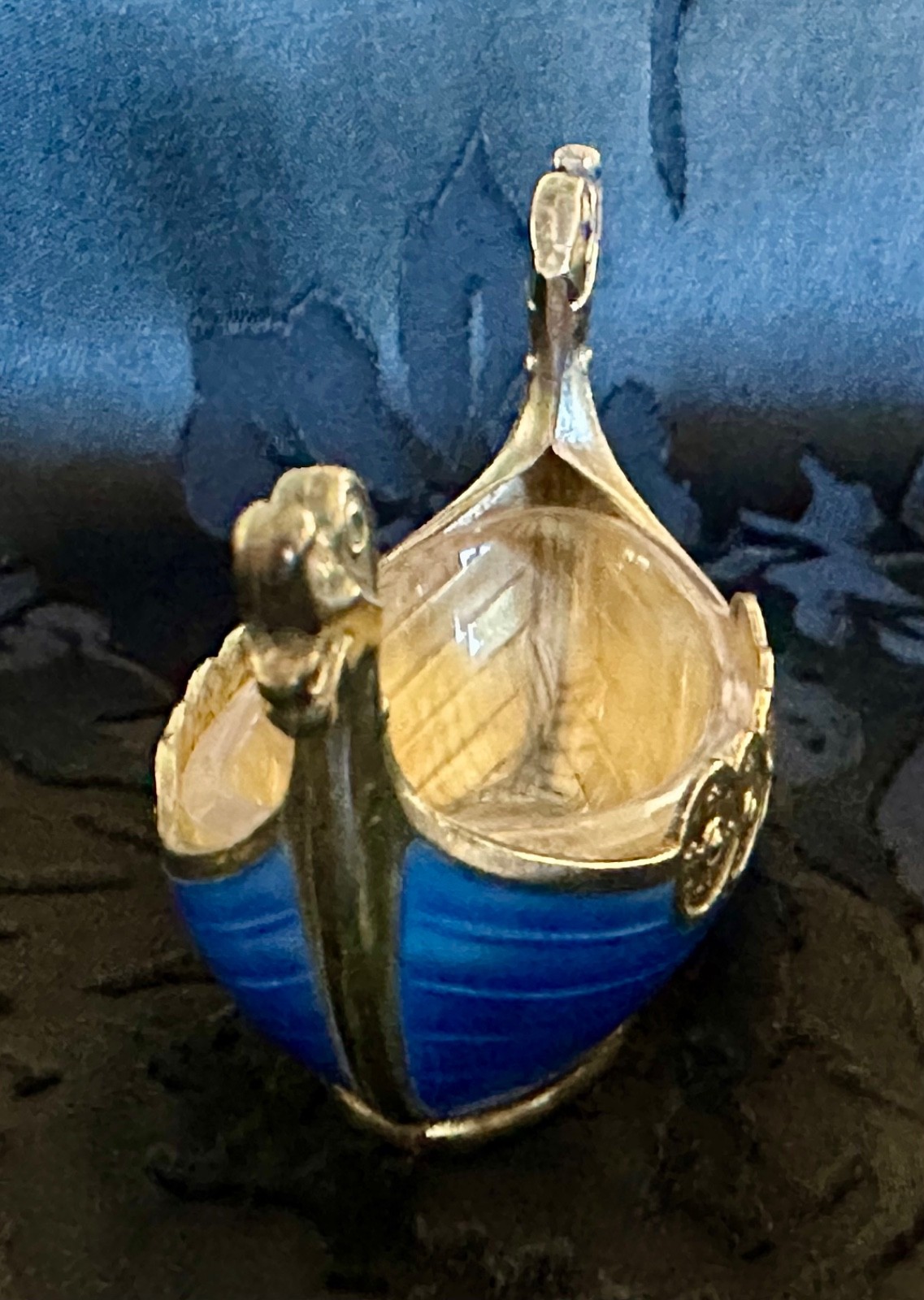 Theodore Olsen Norway Gilt Sterling Silver Blue Guilloche Viking Ship Salt