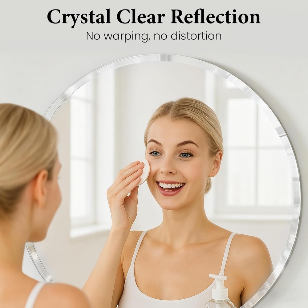 30" Frameless Round Bathroom Mirror - Beveled Vanity Mirror with Support Panel