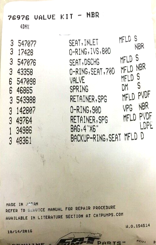 76976 VALVE KIT FOR CAT PUMP 4DNX,4SPX,4SP,4PPX, RSPX, 4SP PRESSURE WASHER