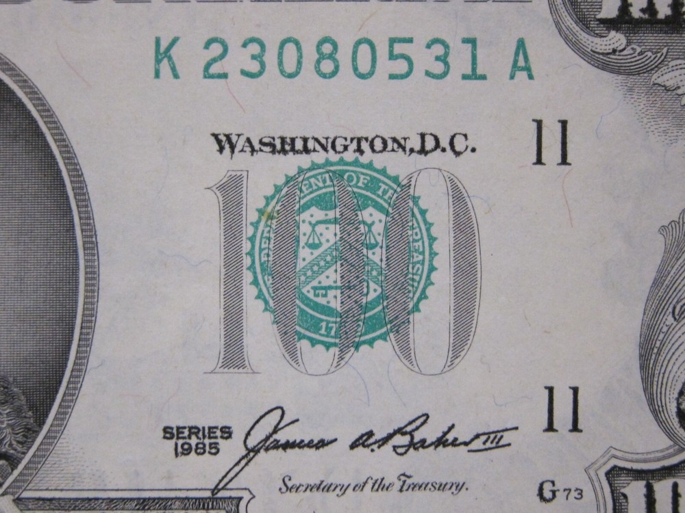 1985 $100 Double Impression Printing Error Uncirc K23080531A