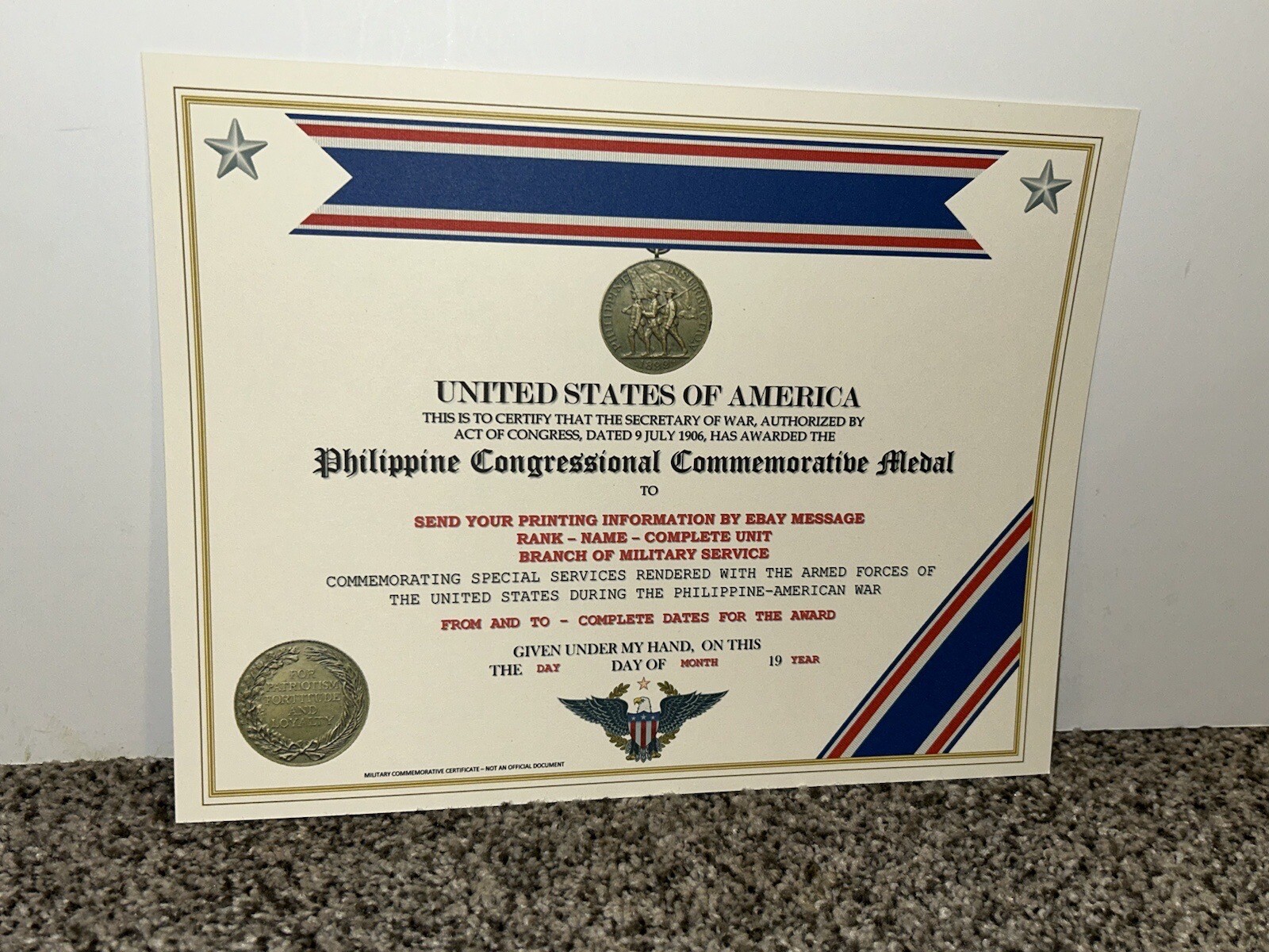 PHILIPPINE CONGRESS COMMEMORATIVE MEDAL CERTIFICATE ~ W/PRINTING TYPE-1