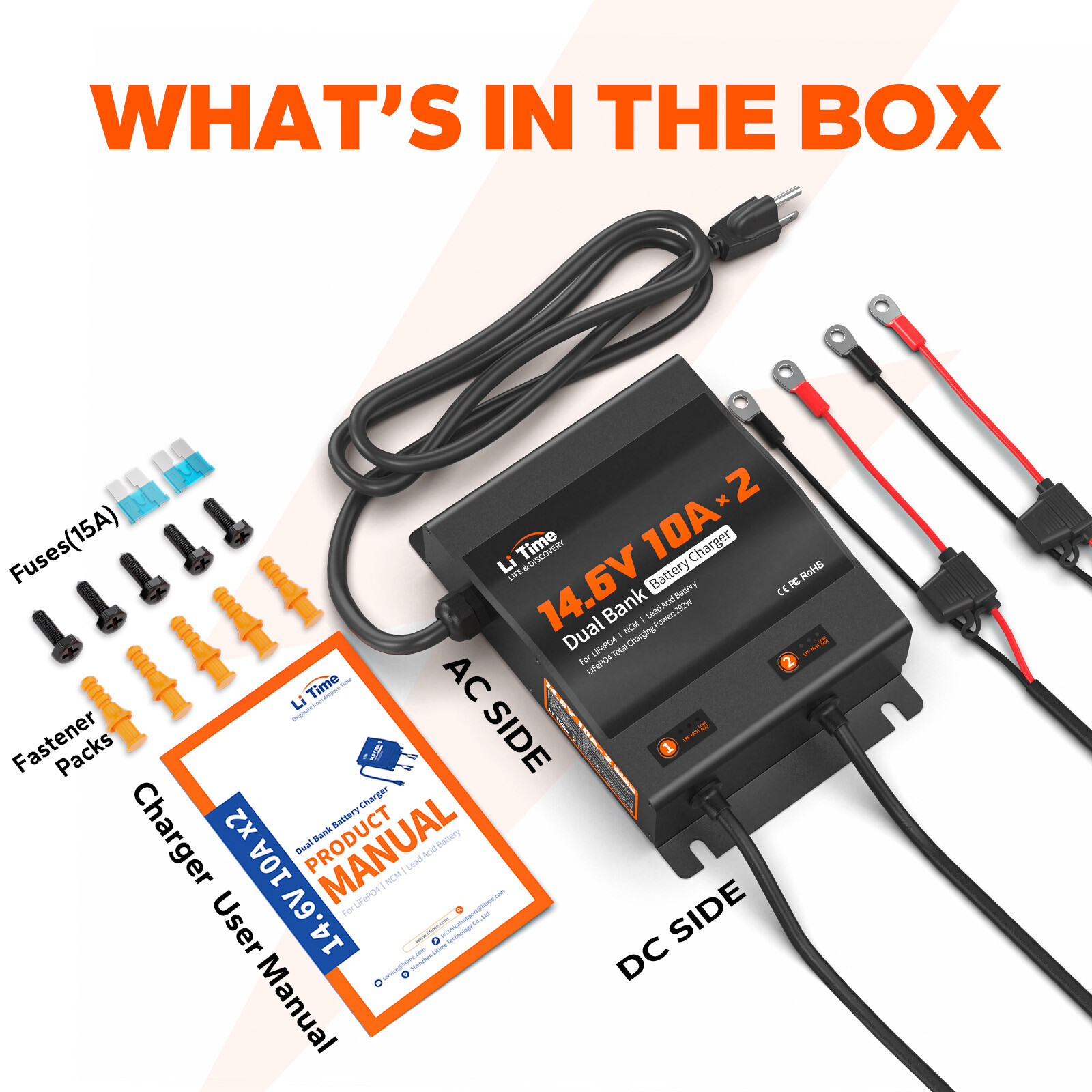 LiTime 14.6V 10Ax2 Dual Bank Smart Battery Charger for Lithium LiFePO4 Lead Acid