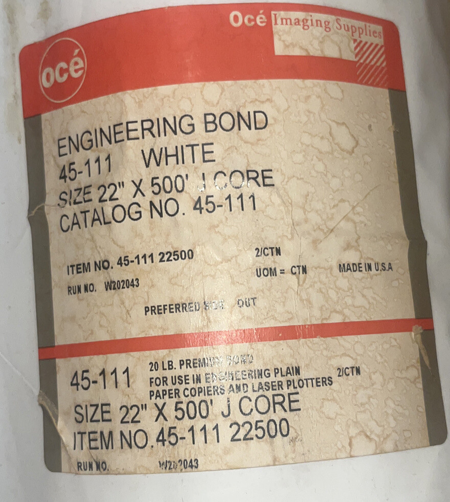 Oce Engineering Bond Copier/ Laser Plotters Paper 45-111 Size 22”x 500' White