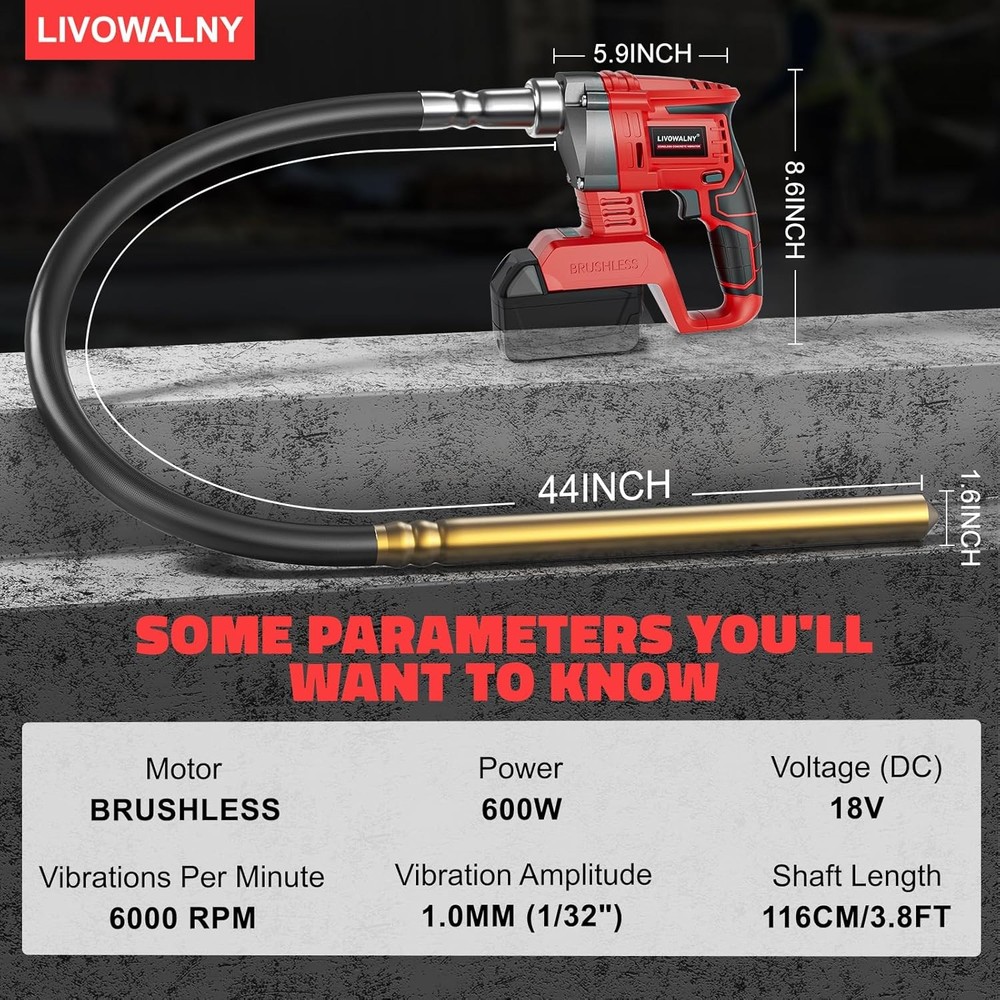 Handheld Concrete Vibrating Tool Compatible with Milwaukee 18V Battery (No Batte