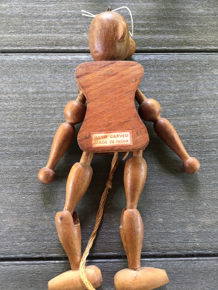 Vintage Hand Carved From India Wood Boy Monkey Bear String Pull Puppet Toy