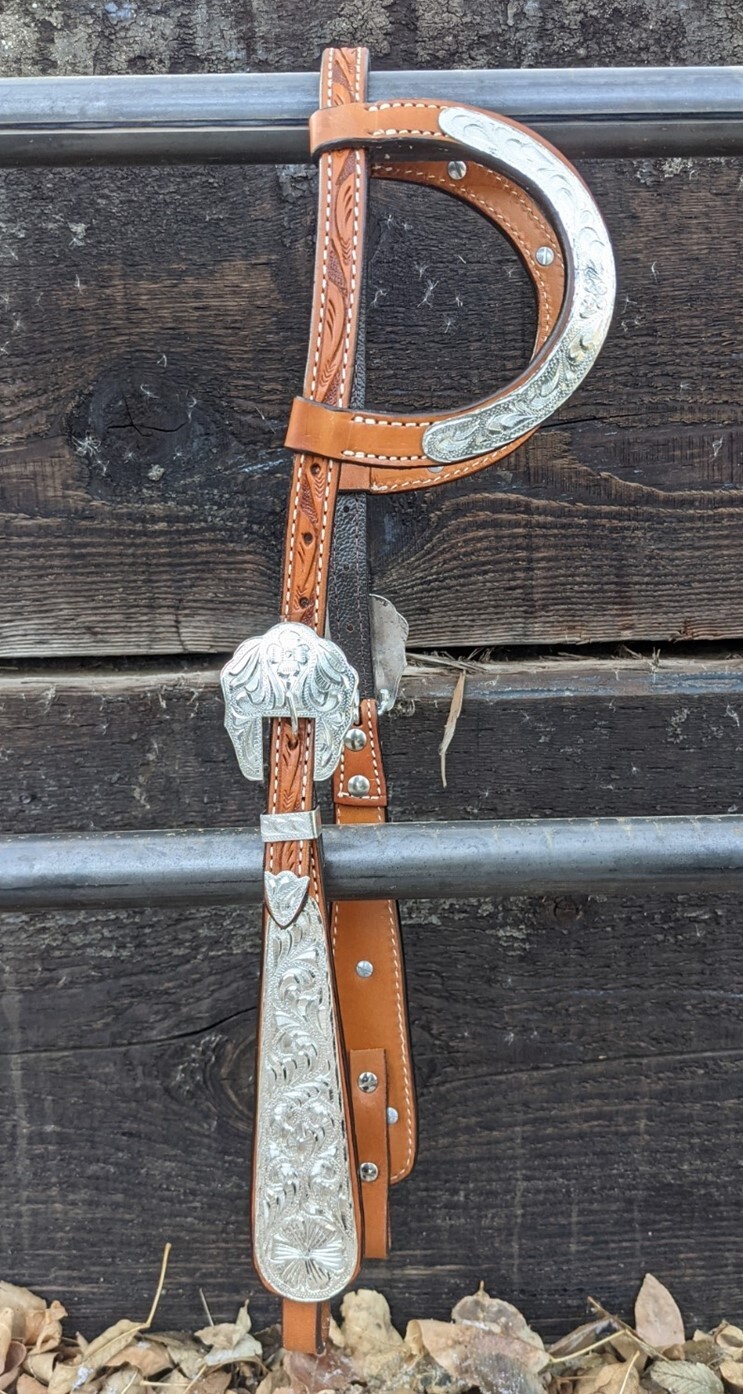 Western Silver Show Headstall - Double Ear - Wide Ranch Cheek - Medium Oil