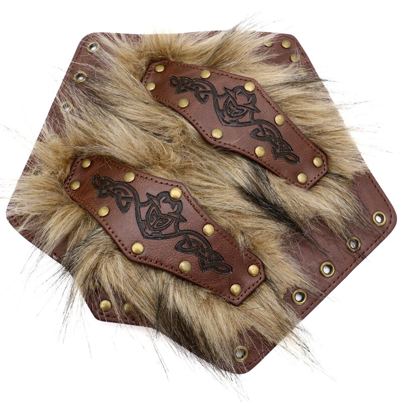 Medieval Faux Fur Wristband PU Leather Bracers Arm Guard Cosplay Props