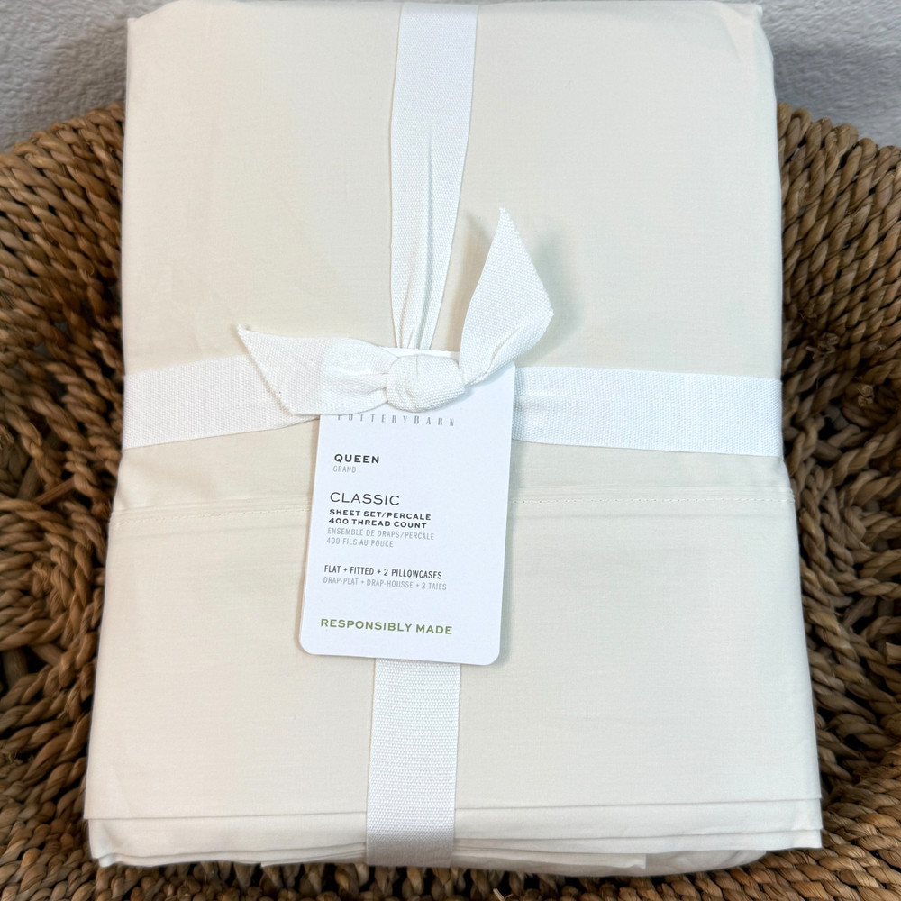 POTTERY BARN 400 THREAD COUNT ORGANIC PERCALE SHEET SET QUEEN ~ CLASSIC IVORY
