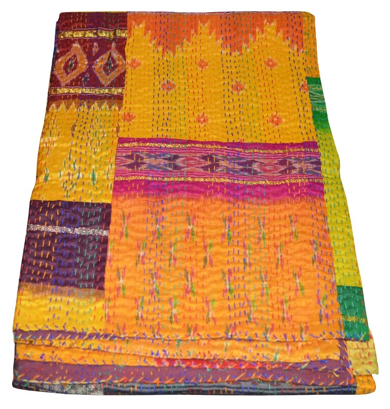 Indian Kantha Twin Quilt Handmade Patchwork Reversible Bedspread Blanket Throw