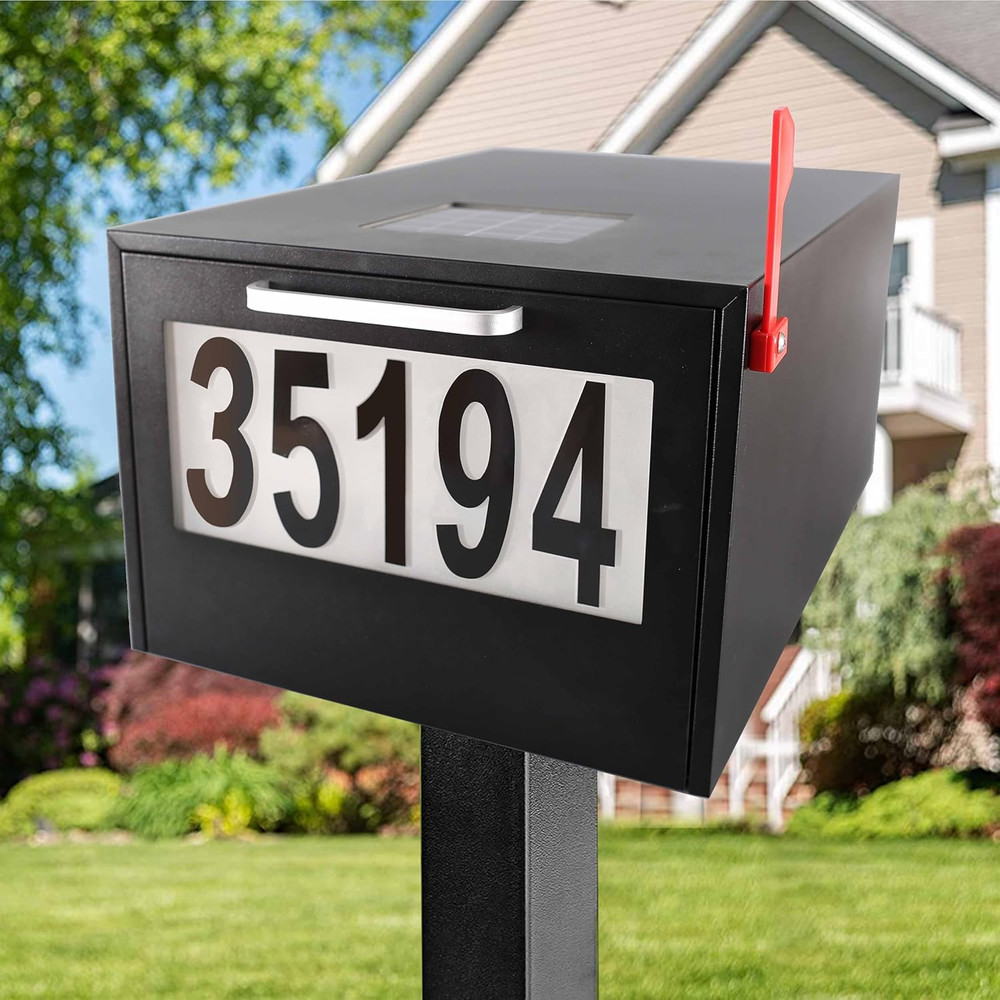 Large Capacity Black Solar Post Mount Mailbox with Night Illumination