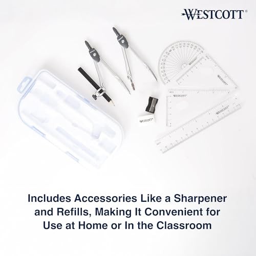 10-Piece Math Set for Students, Includes 2 Compasses, Protractor & Ruler,
