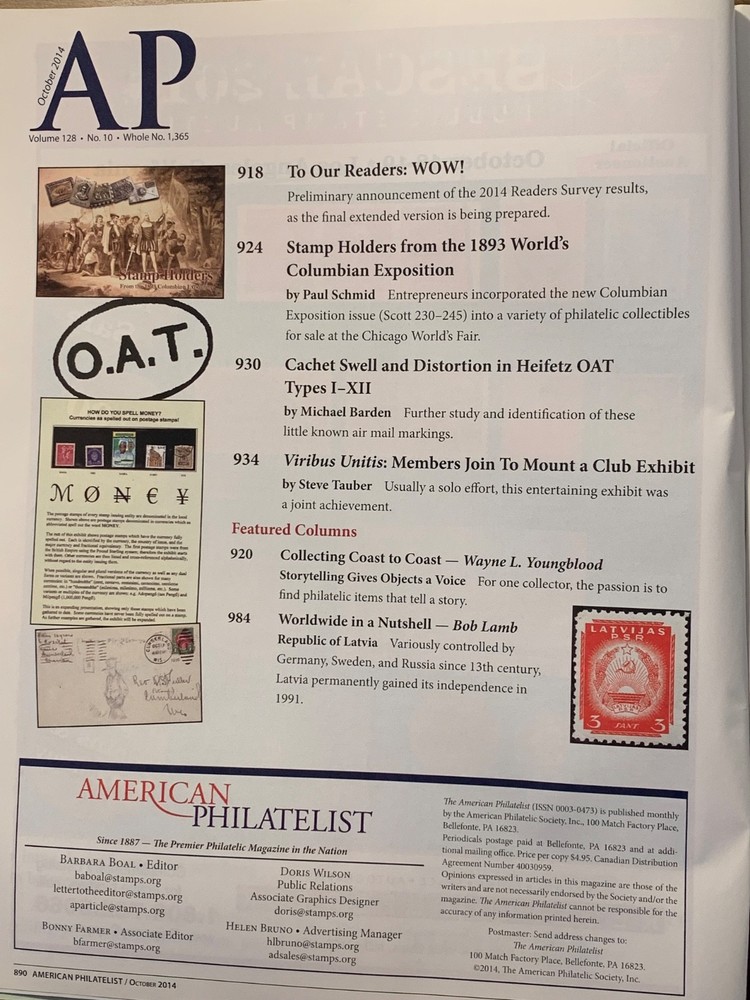 American Philatelist Magazine 2014, October