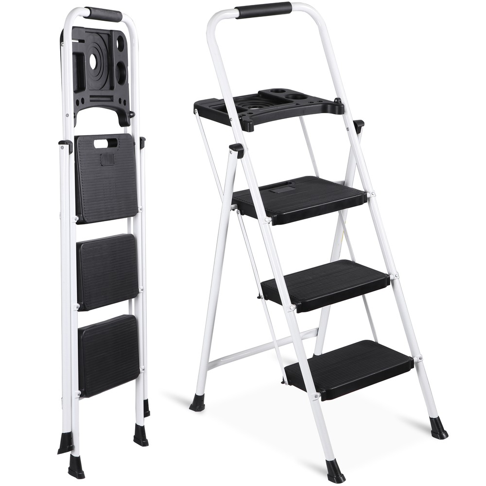 Step Ladder Sturdy 3-Step Ladder with Tool Platform Folding Ladder Lightweight