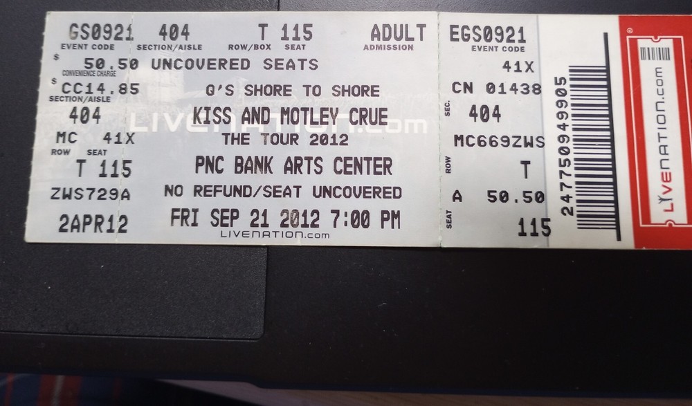 KISS and MOTLEY CRUE Full Ticket Stub Sept 21, 2012 Concert PNC BANK ARTS CENTER
