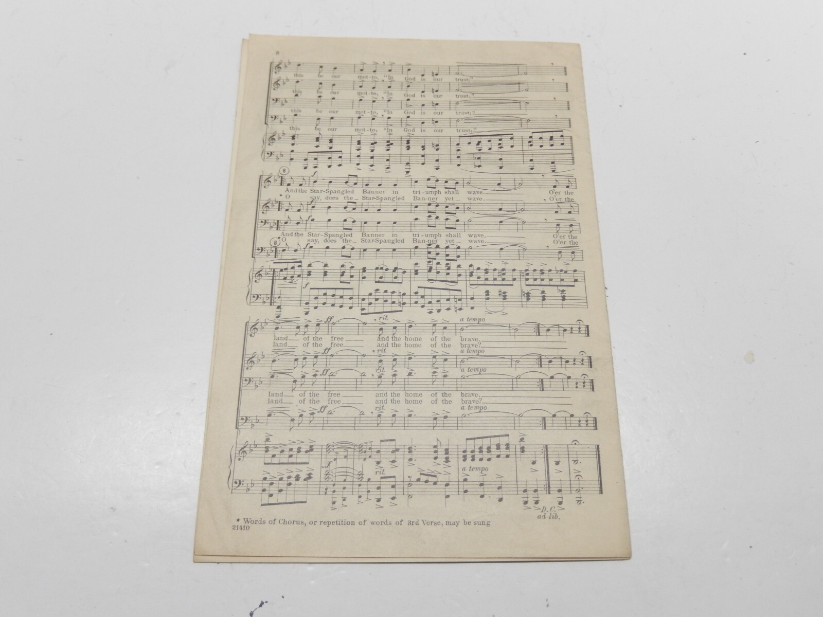RARE ORIGINAL 1909 STAR SPANGLED BANNER 5 VERSE 4 PART CHORUS SHEET MUSIC SCORE
