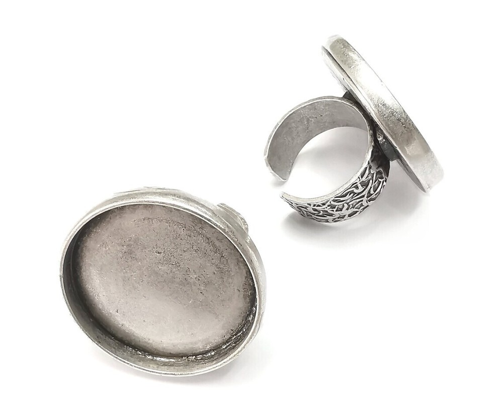 Round Antique Silver Ring Blank Setting, Cabochon Mounting Adjustable Resin Ring