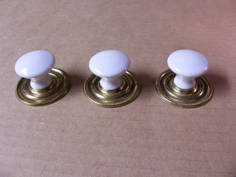 (3) CERAMIC DRAWER PULLS / KNOBS WITH BACK PLATES -- ORIGINAL SCREWS INCLUDED