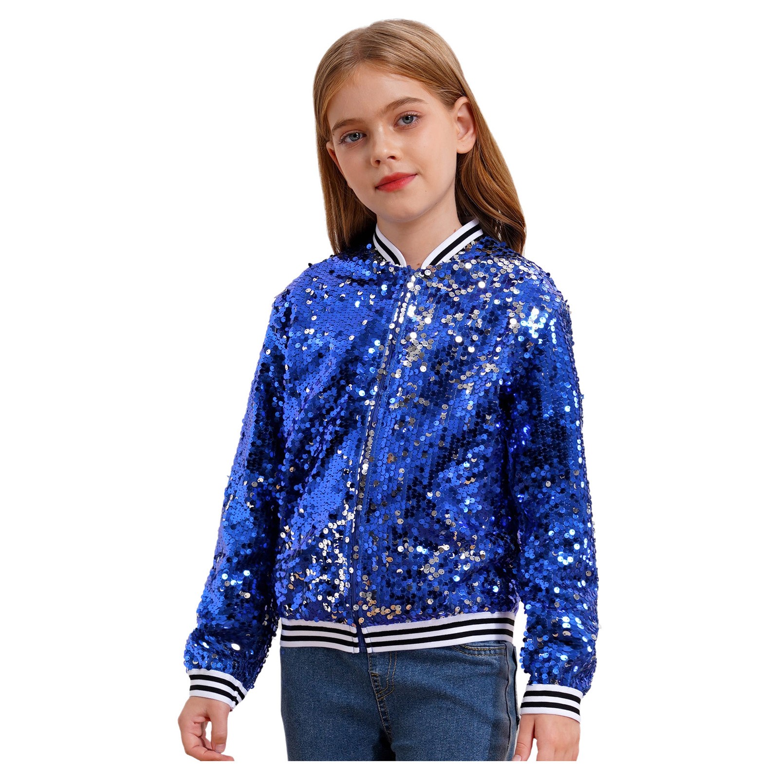 US Kid Girls Baseball Jackets Stylish Coat Street Dancing Outerwear Sequin Shiny
