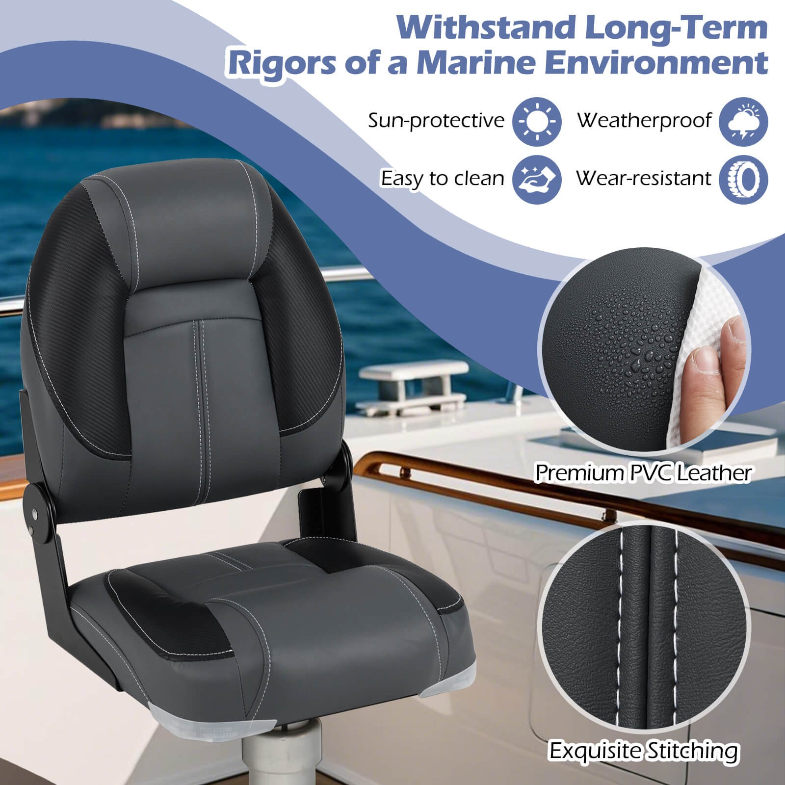 3-Pack Folding Boat Seats w/ 28D Soft Sponge Padding, Waterproof PVC Leather