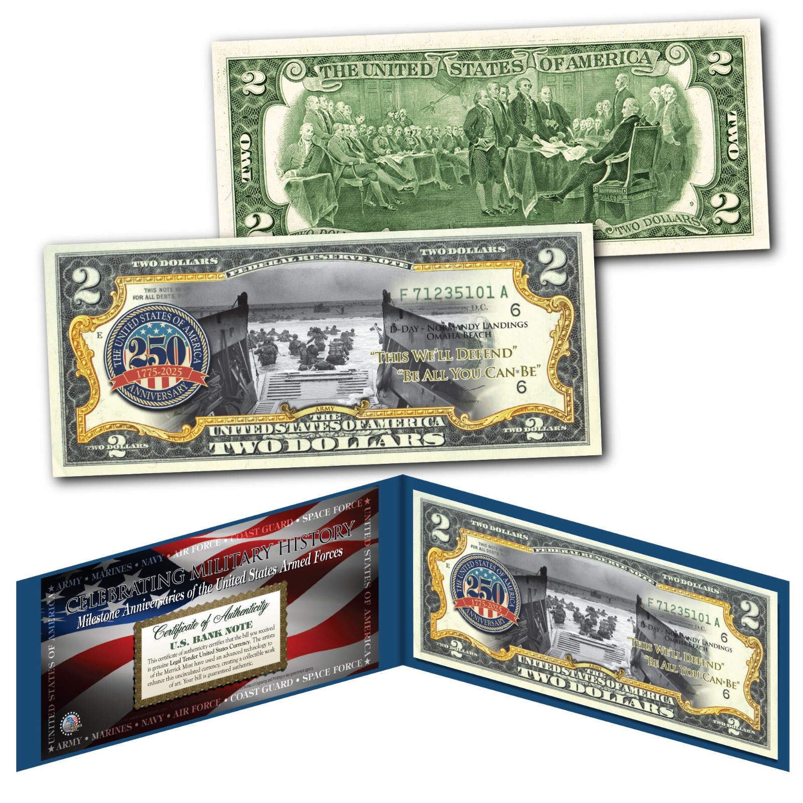 ARMY 250th ANNIVERSARY Milestones of the U.S. Armed Forces Genuine U.S. $2 Bill