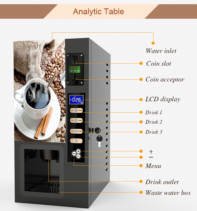 NEW Smart Commercial Fully Automatic Self Coin 3 Instant Coffee Vending Machine